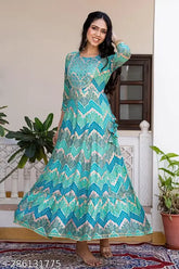 Cotton Anarkali Kurta, heavy gold foil print & embroidery, three-quarter sleeves, women's premium design from India